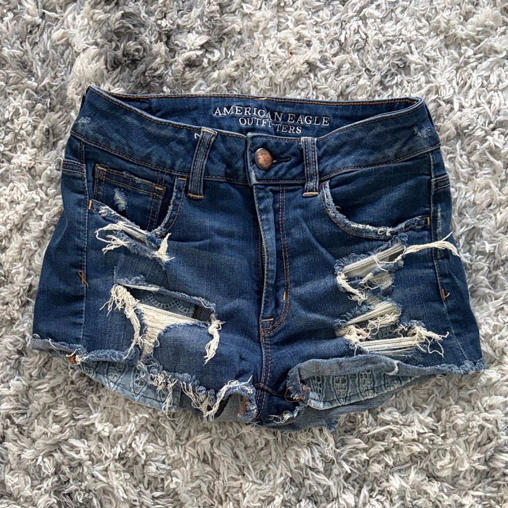 American Eagle Outfitters Dark Blue Ripped Jean Shorts